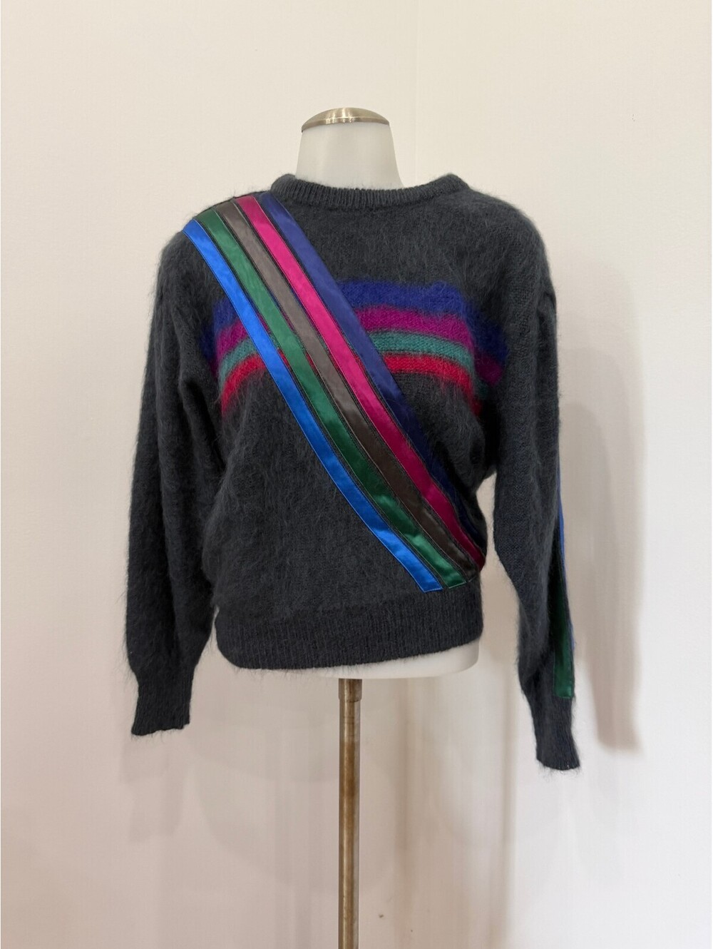 Vintage Dark Gray Mohair Sweater with Colorful Stripes and Satin Ribbon Detail